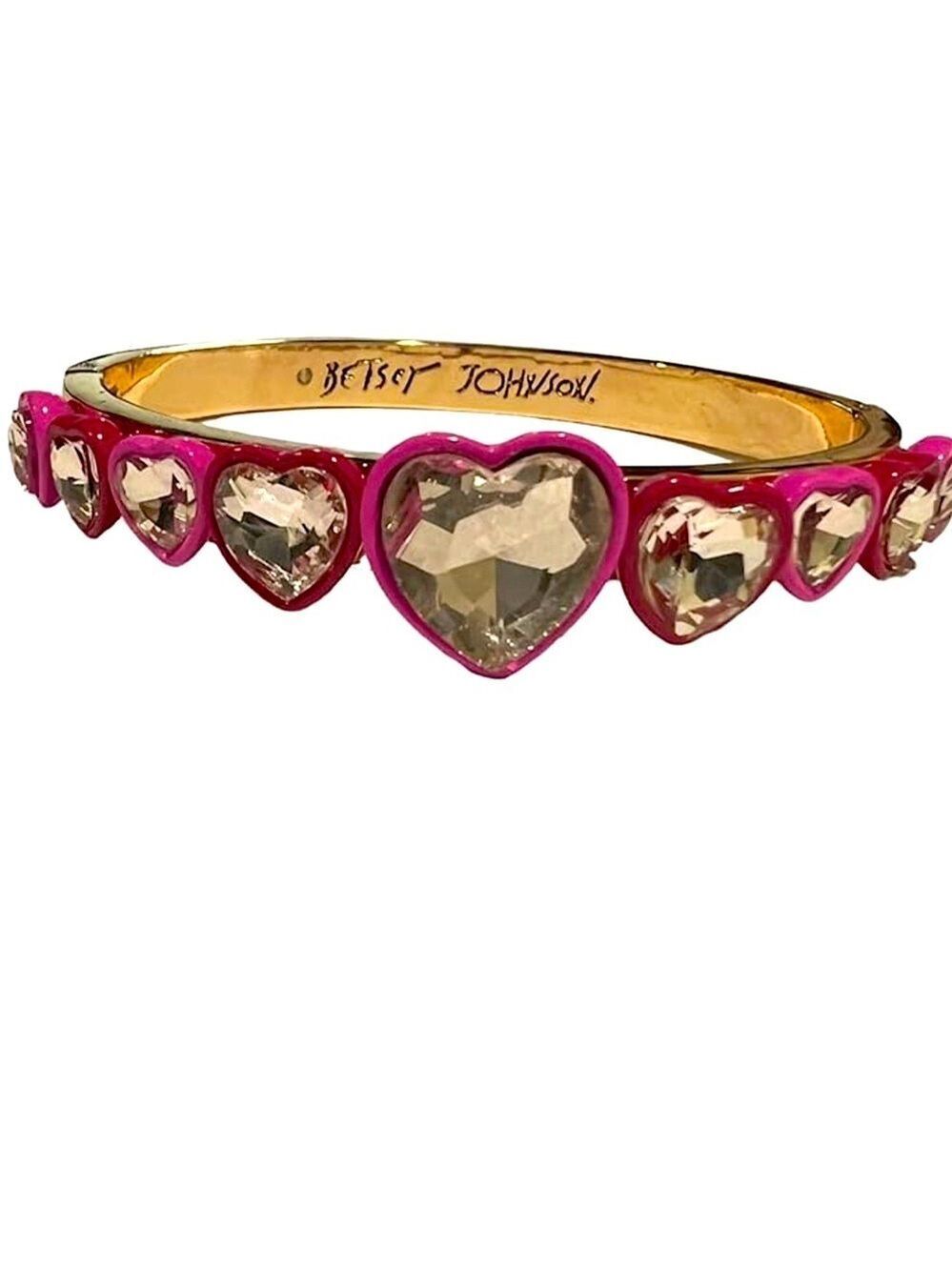 Betsey Johnson Pink Heart Crystal Hinged Bangle Bracelet New